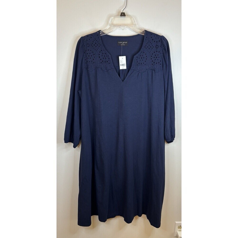 LANE BRYANT Eyelet Swing Dress 10/12 Navy Blue 3/4 Sleeve Knee Pockets Cotton